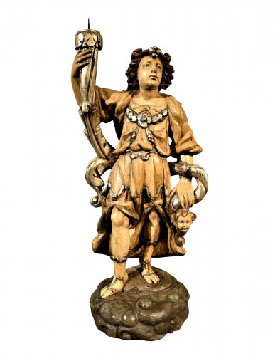 Ange céroféraire en bois sculpté, polychrome et argenté, Italie XVIIe